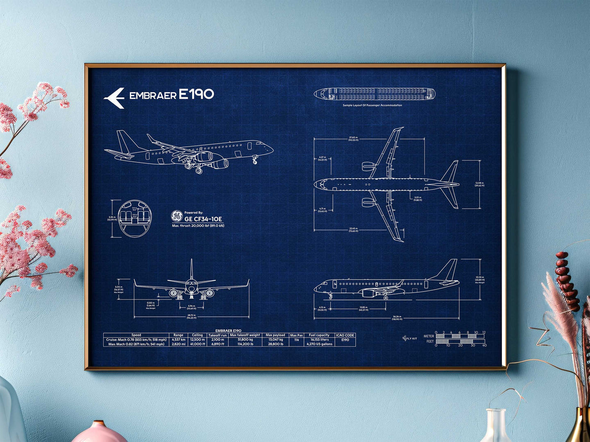 Embraer E190 Landscape Blueprint Poster by FlyKit showing detailed aircraft design in white lines on blue background