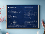 Embraer E190 Landscape Blueprint Poster by FlyKit showing detailed aircraft design in white lines on blue background