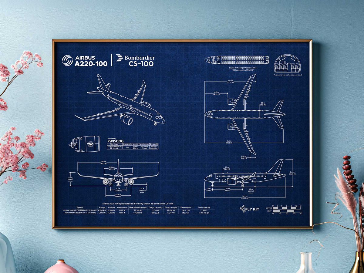FlyKit Airbus A220-100 Landscape Blueprint Poster with detailed aircraft technical drawings on blue background