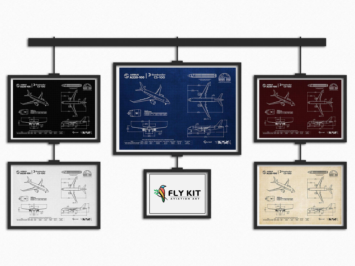 Airbus A220-100 Landscape Blueprint Poster by FlyKit showing detailed airplane technical drawings in multiple colors