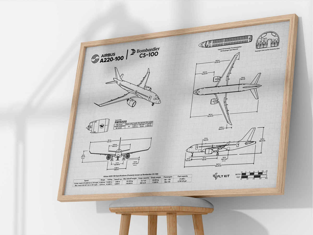 Airbus A220-100 Landscape Blueprint Poster by FlyKit showing detailed aircraft diagrams and measurements