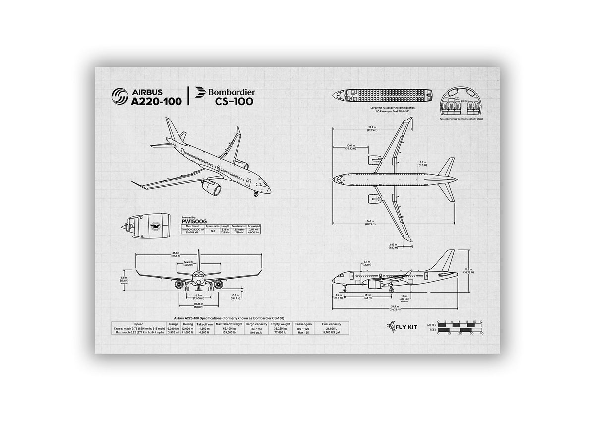 Airbus A220-100 Landscape Blueprint Poster by FlyKit showing detailed aircraft technical drawings and measurements