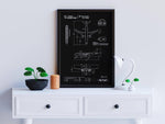 Airbus A220-100 Portrait Blueprint Poster by FlyKit displayed on white table with modern decor