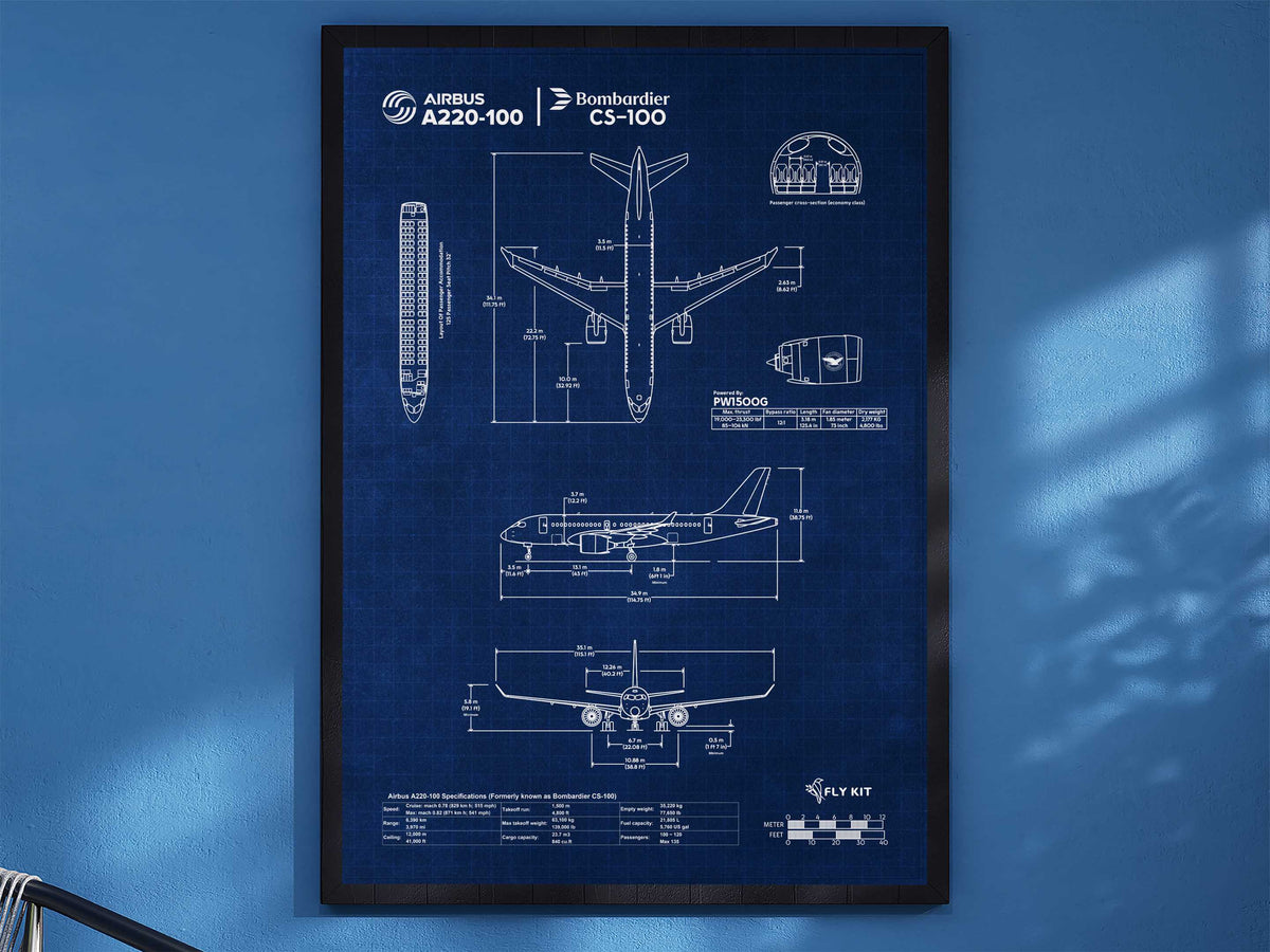 FlyKit Airbus A220-100 Portrait Blueprint Poster showing detailed technical aircraft design in blue and white