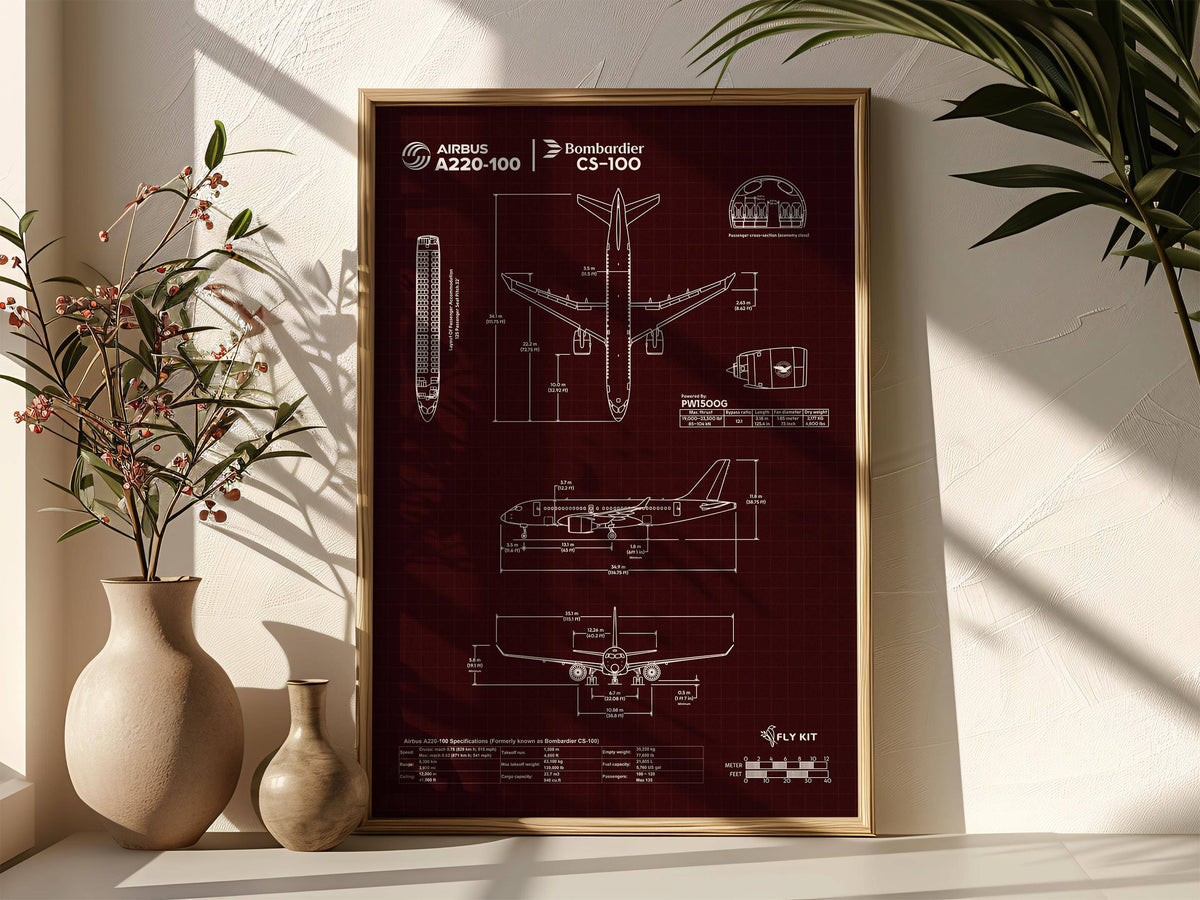 Airbus A220-100 Portrait Blueprint Poster by FlyKit with detailed aircraft technical drawings in a wooden frame