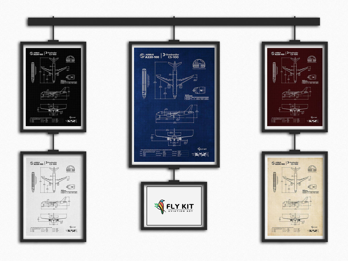 Airbus A220-100 Portrait Blueprint Poster collection by FlyKit in multiple colors displayed on a wall