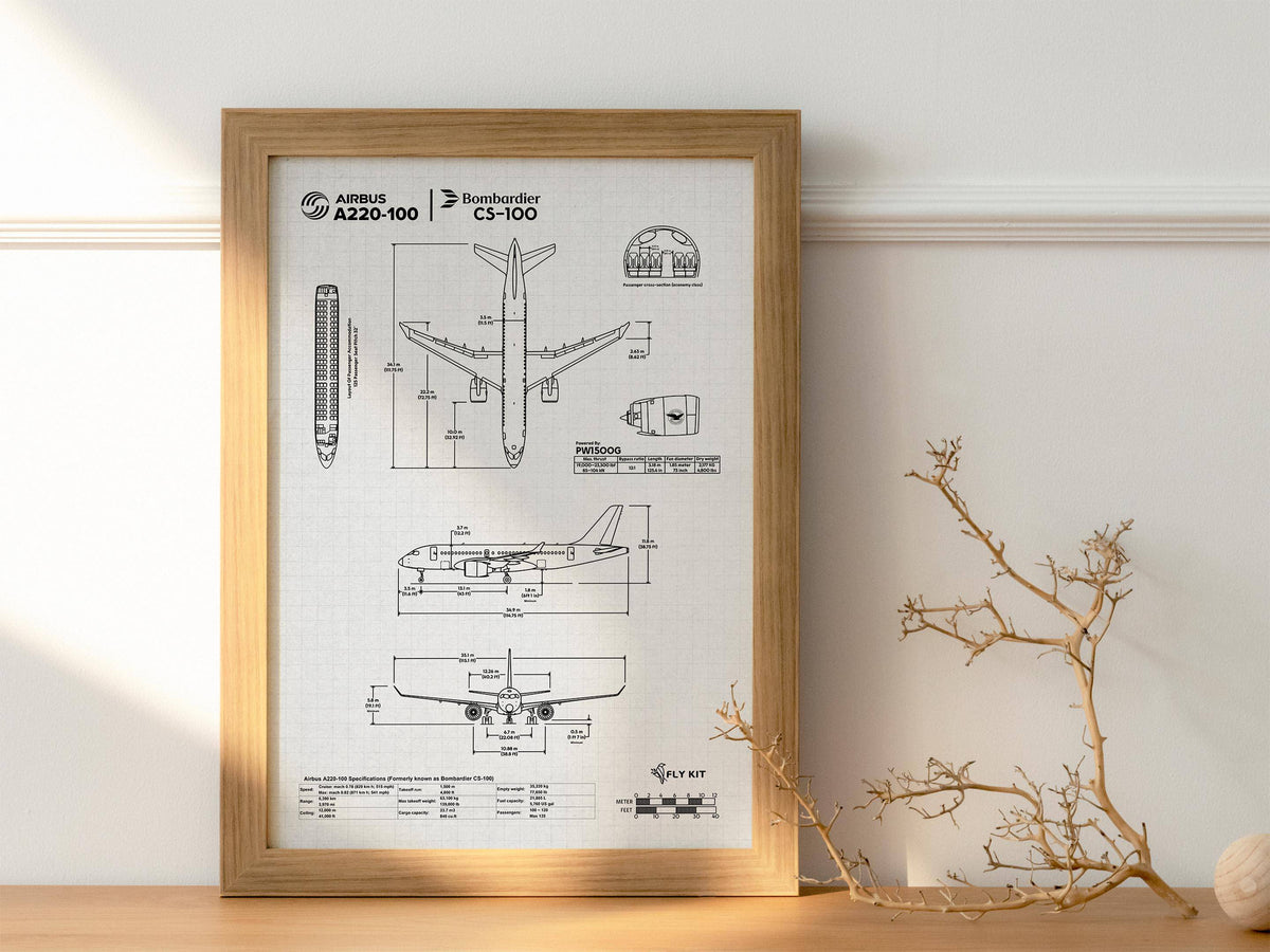Airbus A220-100 Portrait Blueprint Poster by FlyKit featuring detailed aircraft schematics in a wooden frame