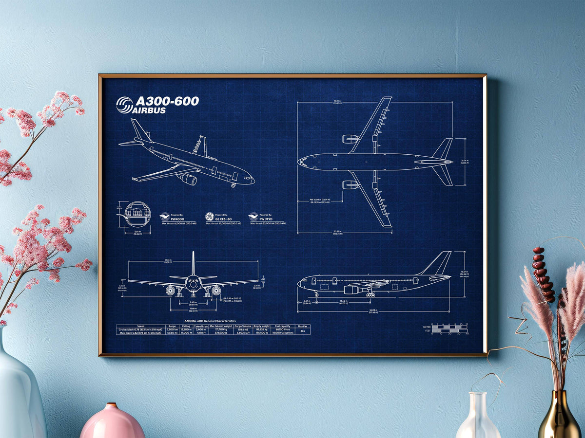Airbus A300-600 Landscape Blueprint Poster by FlyKit displayed on a blue wall with technical airplane design