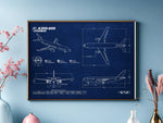Airbus A300-600 Landscape Blueprint Poster by FlyKit displayed on a blue wall with technical airplane design