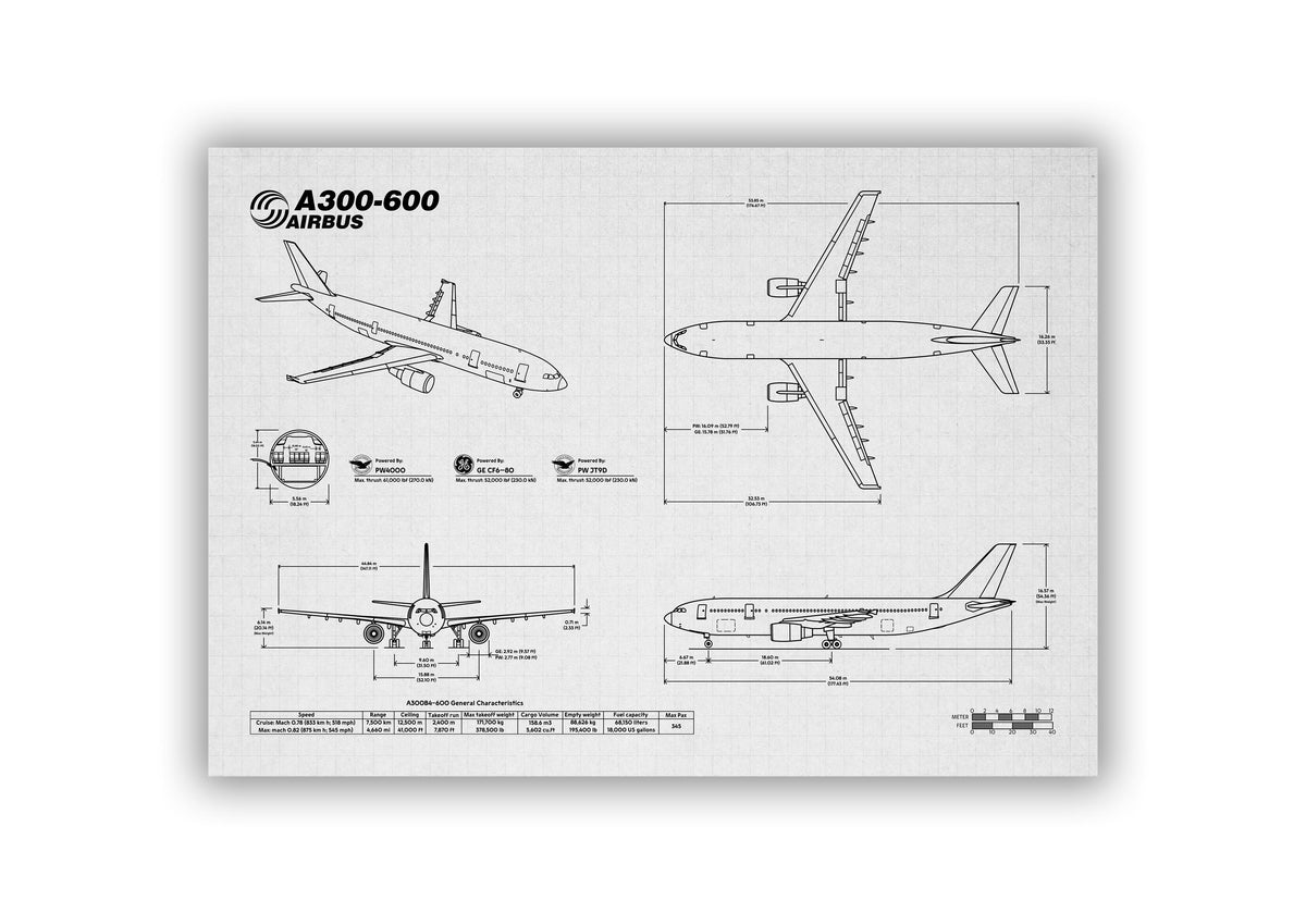 Airbus A300-600 Landscape Blueprint Poster by FlyKit showing detailed technical aircraft drawings