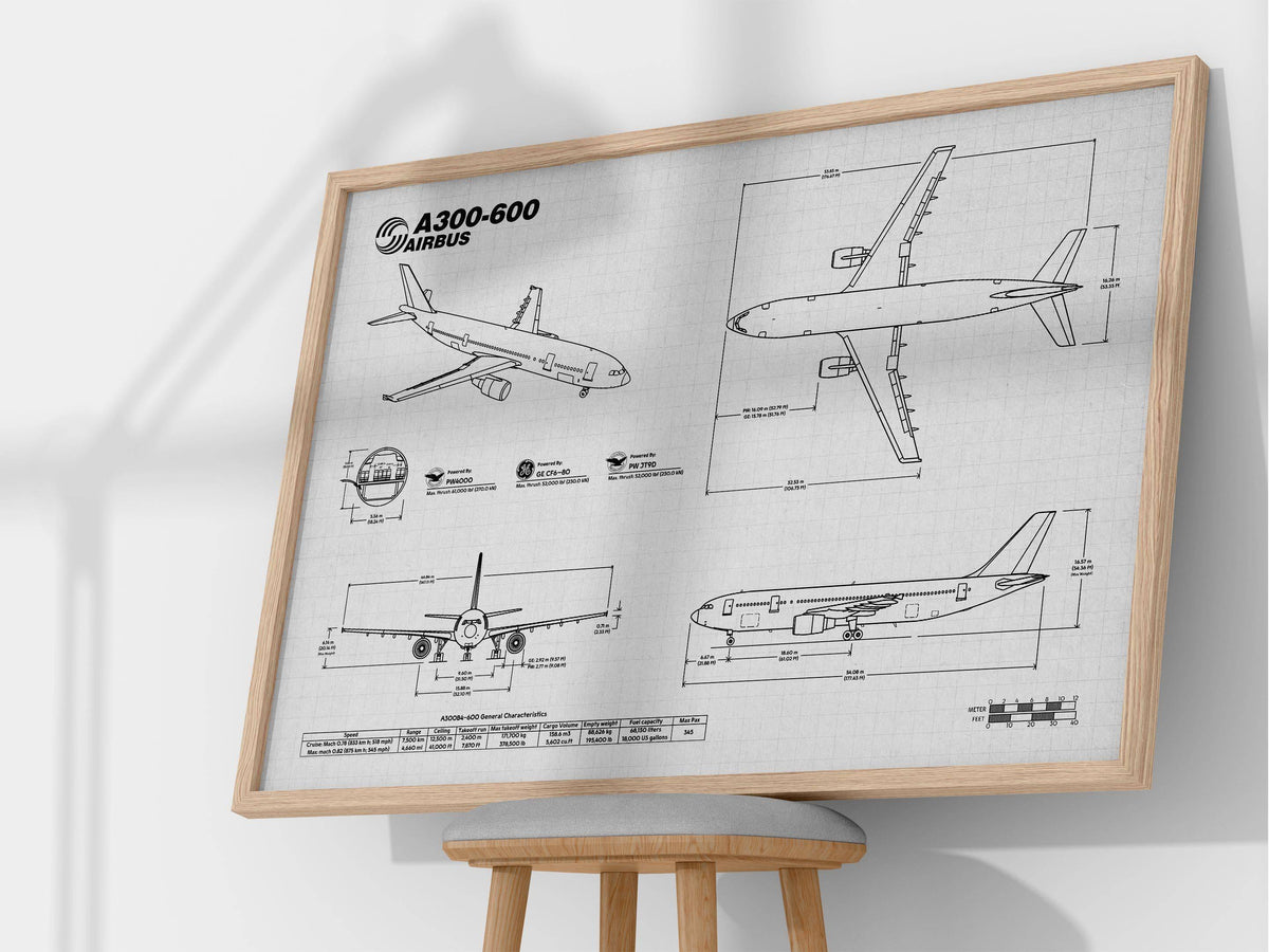 Airbus A300-600 Landscape Blueprint Poster by FlyKit showing detailed aircraft design and dimensions
