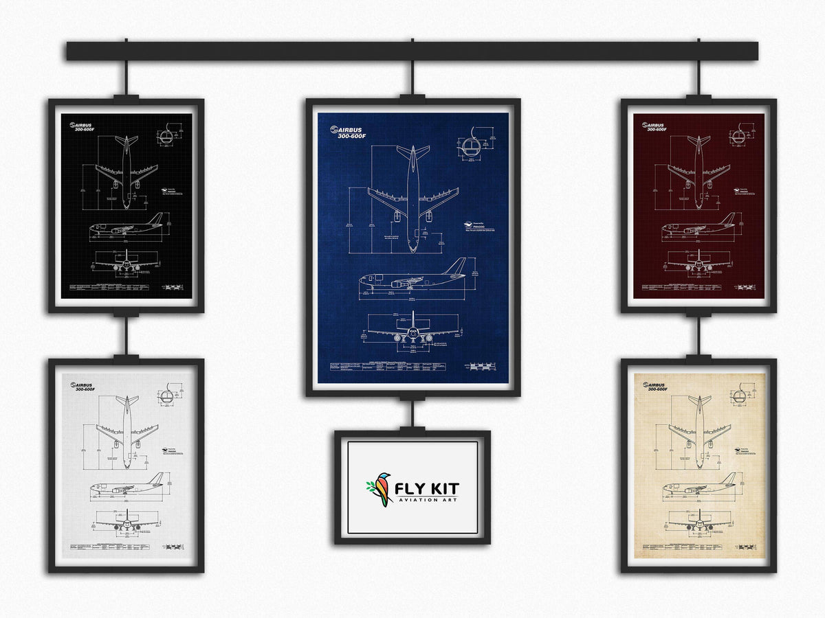 Airbus A300-600F Portrait Blueprint Poster collection by FlyKit featuring detailed aircraft design in multiple colors