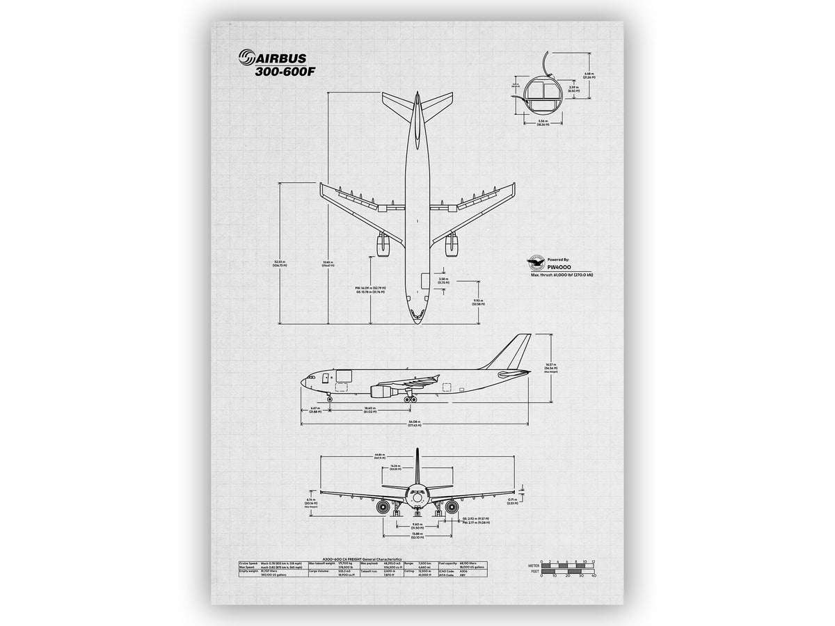 Airbus A300-600F Portrait Blueprint Poster with detailed technical aircraft drawings by FlyKit