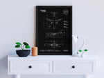 Airbus A310-300 Portrait Blueprint Poster by FlyKit displayed on white table with plants and lamp
