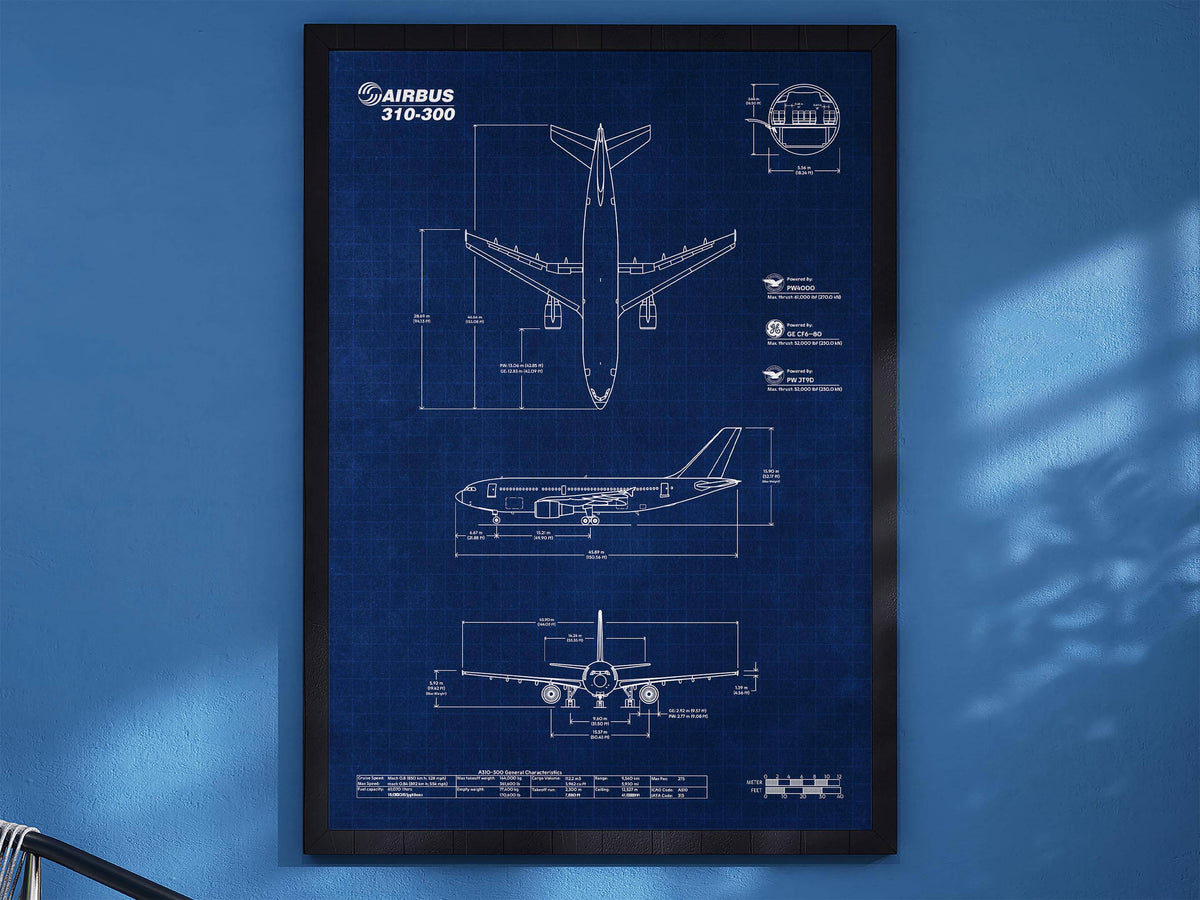 Airbus A310-300 Portrait Blueprint Poster by FlyKit showing detailed aircraft blueprint in white on blue background