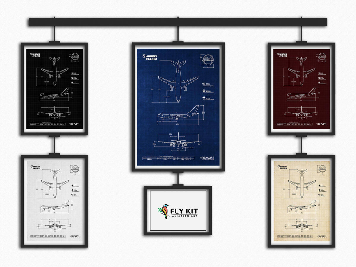 Airbus A310-300 Portrait Blueprint Poster by FlyKit in five colors showing detailed aircraft design
