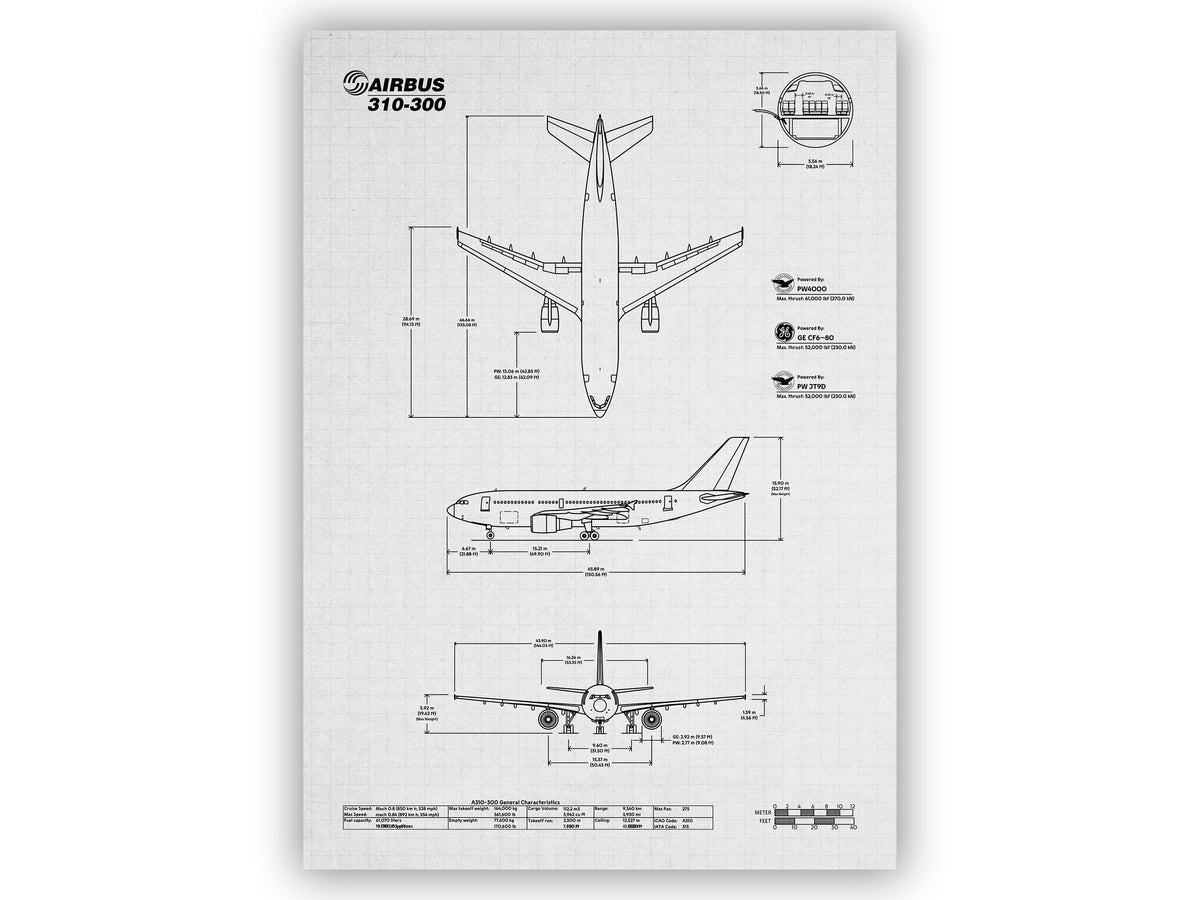 Airbus A310-300 Portrait Blueprint Poster showing detailed aircraft dimensions and views by FlyKit