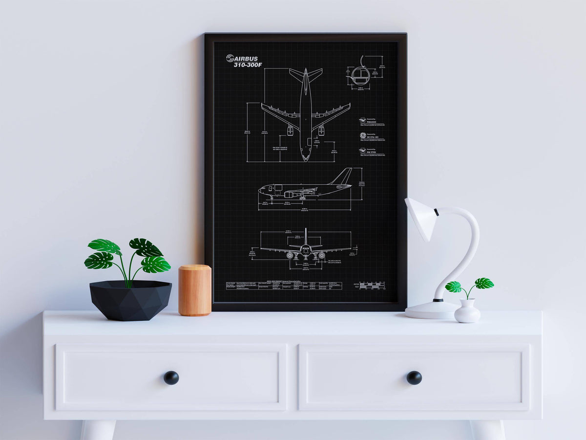 Airbus A310F Portrait Blueprint Poster by FlyKit displayed on white table with modern decor