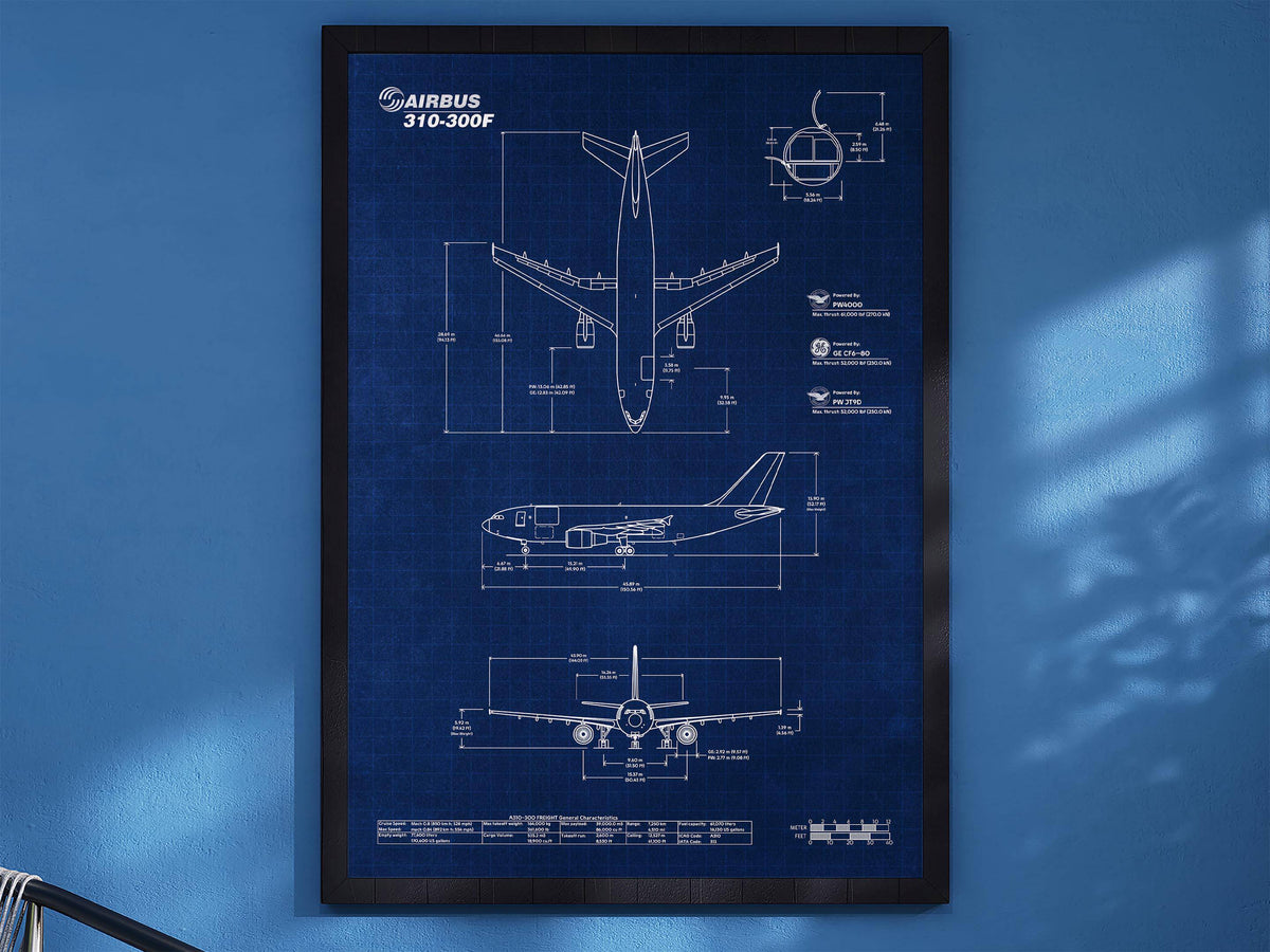 Airbus A310F Portrait Blueprint Poster by FlyKit showing detailed aircraft technical drawings on blue background
