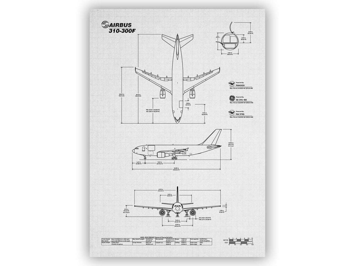 Airbus A310F Portrait Blueprint Poster showing detailed technical aircraft design by FlyKit