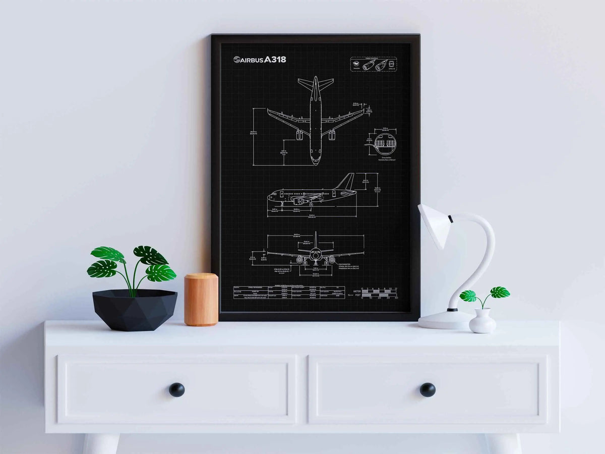 Airbus A318 Portrait Blueprint Poster by FlyKit displayed on white desk with plants and lamp