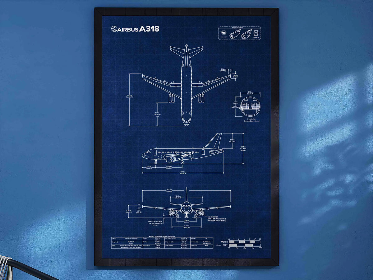 Airbus A318 Portrait Blueprint Poster by FlyKit showing detailed aircraft design in white on blue background