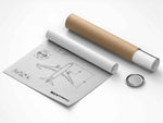 Airbus A318 Portrait Blueprint Poster by FlyKit rolled out next to protective brown tube packaging