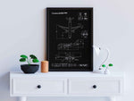Airbus A319neo Portrait Blueprint Poster by FlyKit displayed in black frame on white table with modern decor