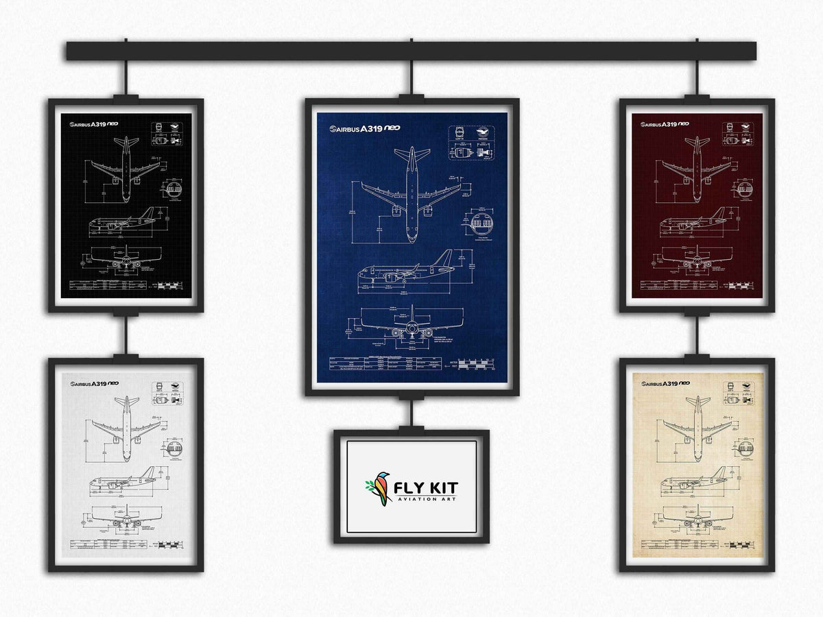 Airbus A319neo Portrait Blueprint Poster collection by FlyKit showing detailed aircraft design in multiple color options