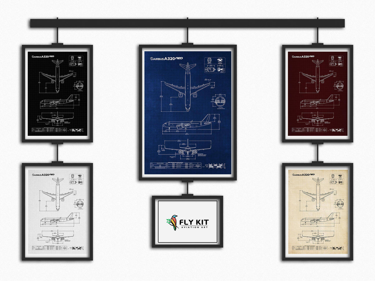 Airbus A320neo Portrait Blueprint Poster collection by FlyKit showing detailed aircraft technical drawings in various colors