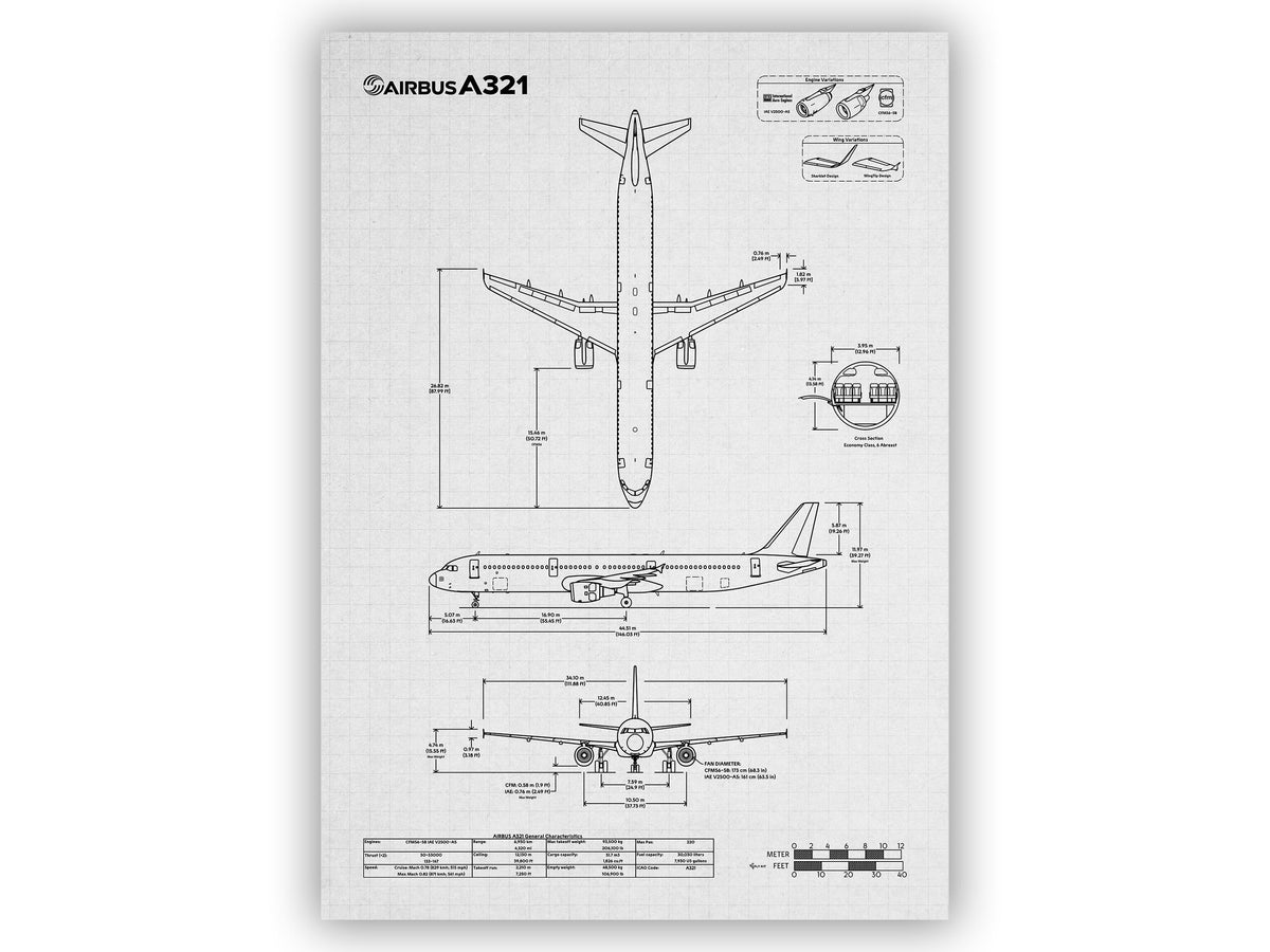 Airbus A321 Portrait Blueprint Poster showing detailed technical drawings and measurements