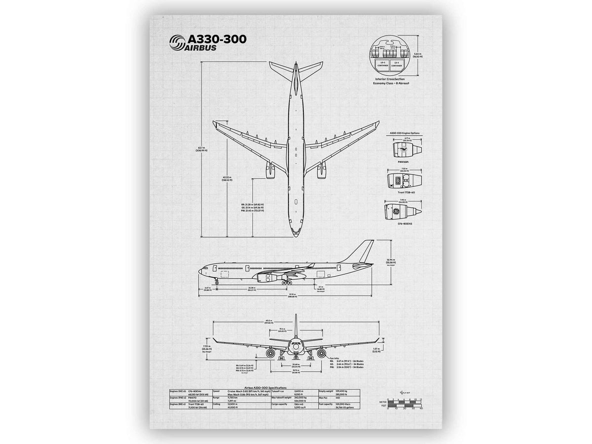 Airbus A330-300 Portrait Blueprint Poster by FlyKit showing detailed technical aircraft drawings