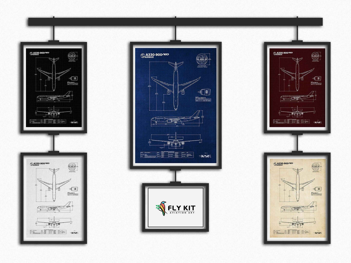 Airbus A330-900 Portrait Blueprint Poster by FlyKit showing detailed aircraft technical drawings in multiple colors