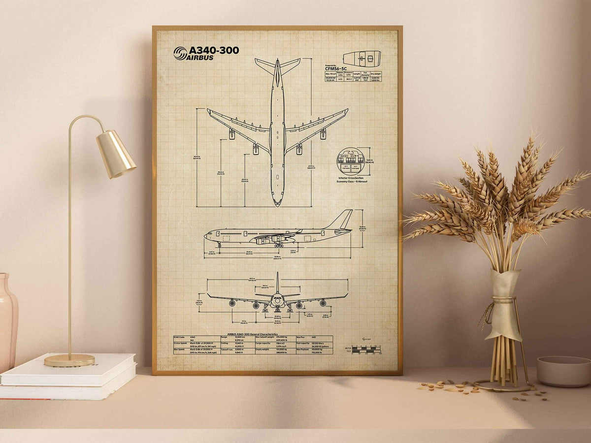 Airbus A340-300 Portrait Blueprint Poster by FlyKit showing detailed technical drawings in a wooden frame