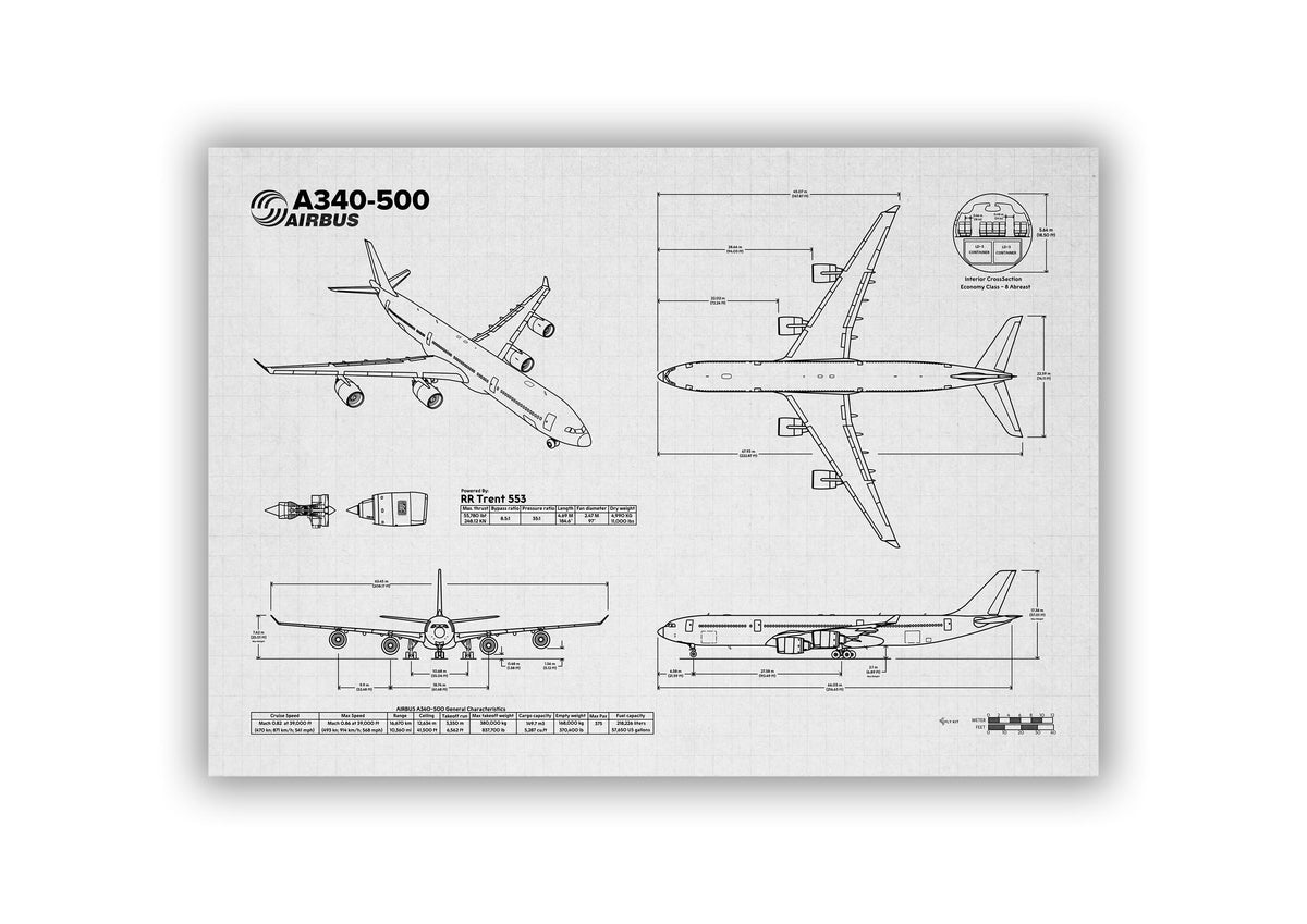 Airbus A340-500 Landscape Blueprint Poster showing detailed aircraft technical drawing by FlyKit