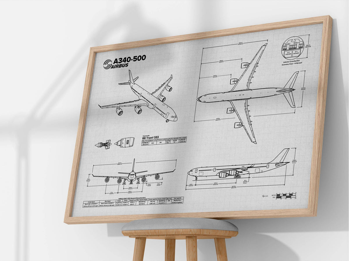 Airbus A340-500 Landscape Blueprint Poster by FlyKit showing detailed aircraft technical drawings in a wooden frame