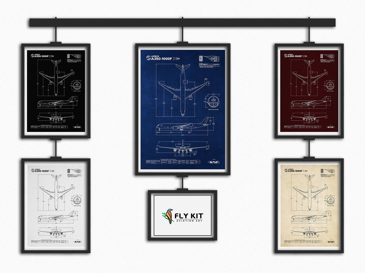 Airbus A350-1000F Portrait Blueprint Poster by FlyKit showing detailed aircraft design in multiple color variations