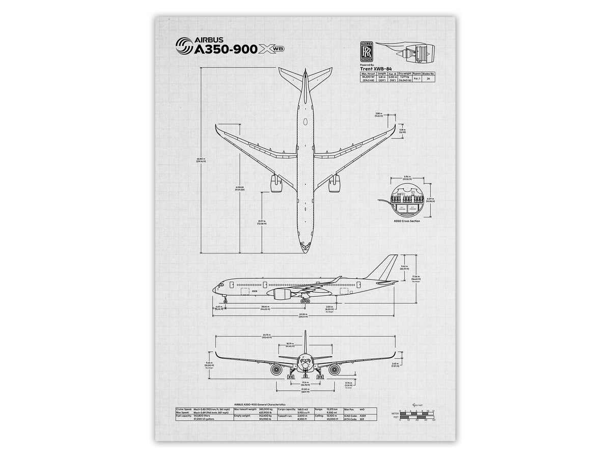 Airbus A350-900 Portrait Blueprint Poster showing detailed aircraft design and dimensions by FlyKit