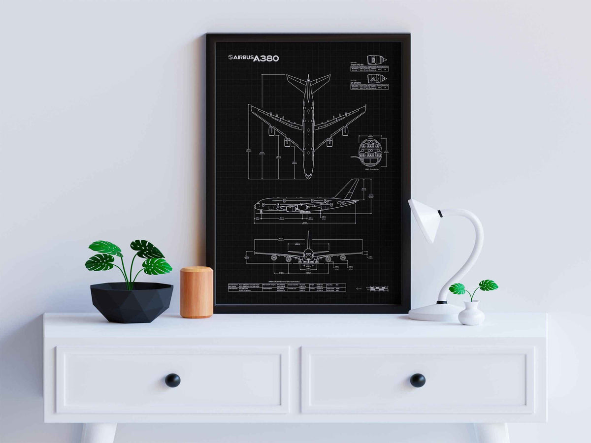 Airbus A380-800 Portrait Blueprint Poster by FlyKit displayed on a white desk with modern decor