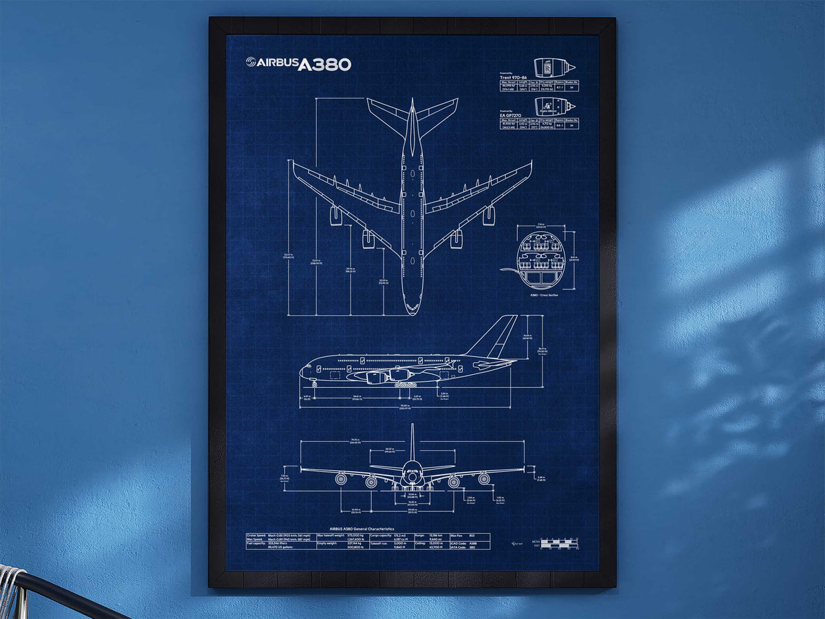Airbus A380-800 Portrait Blueprint Poster by FlyKit showing detailed aircraft technical drawings in white on blue background