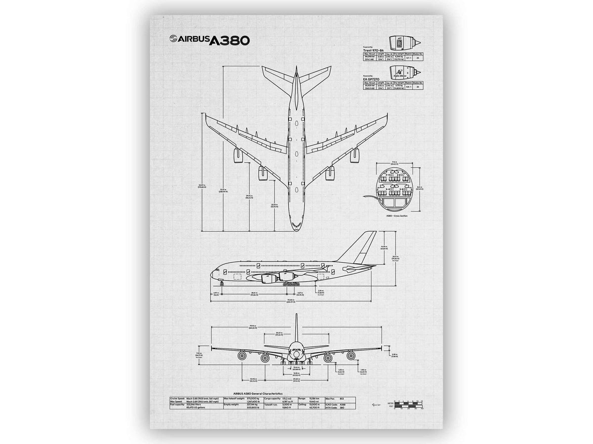 Airbus A380-800 Portrait Blueprint Poster by FlyKit showing detailed aircraft top side side and front technical drawings