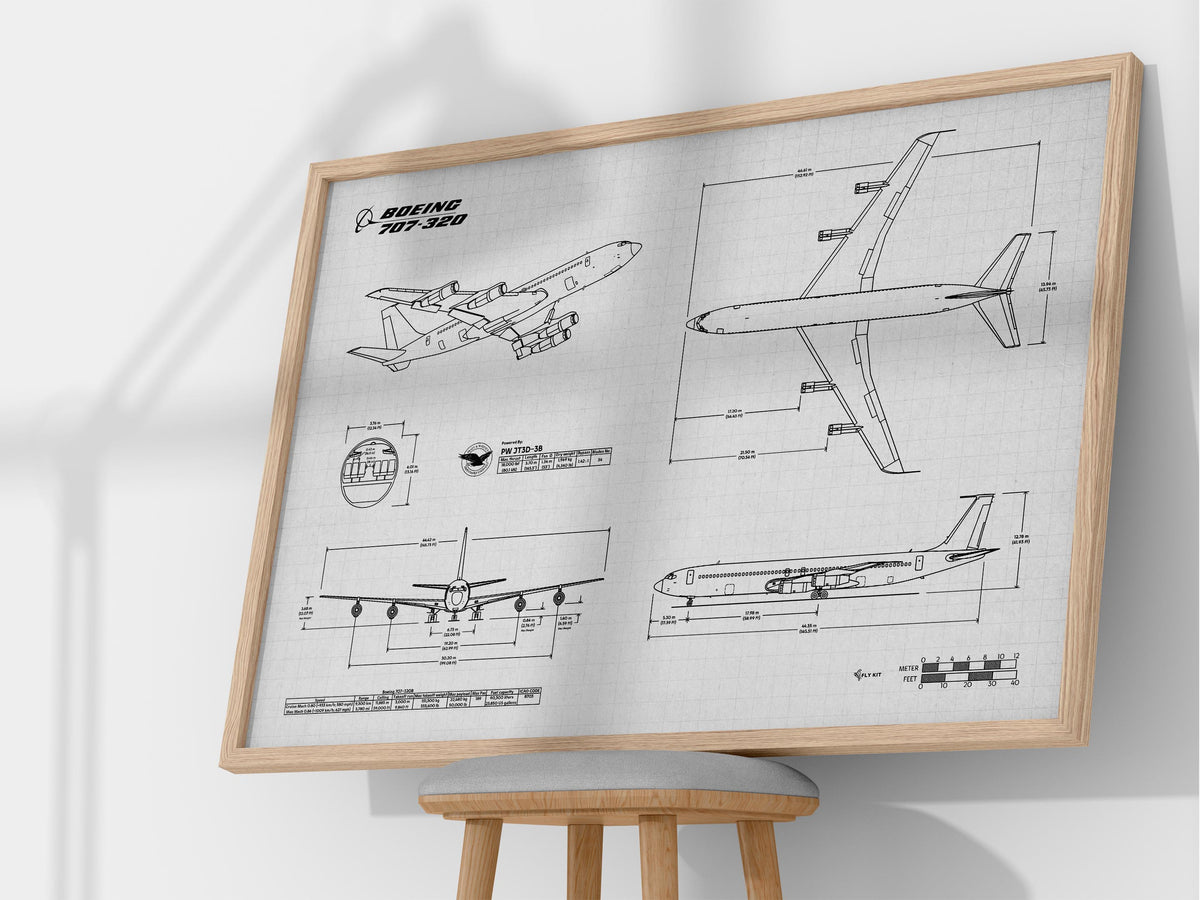FlyKit Boeing B707-320 Landscape Blueprint Poster showing detailed aircraft schematics in wooden frame