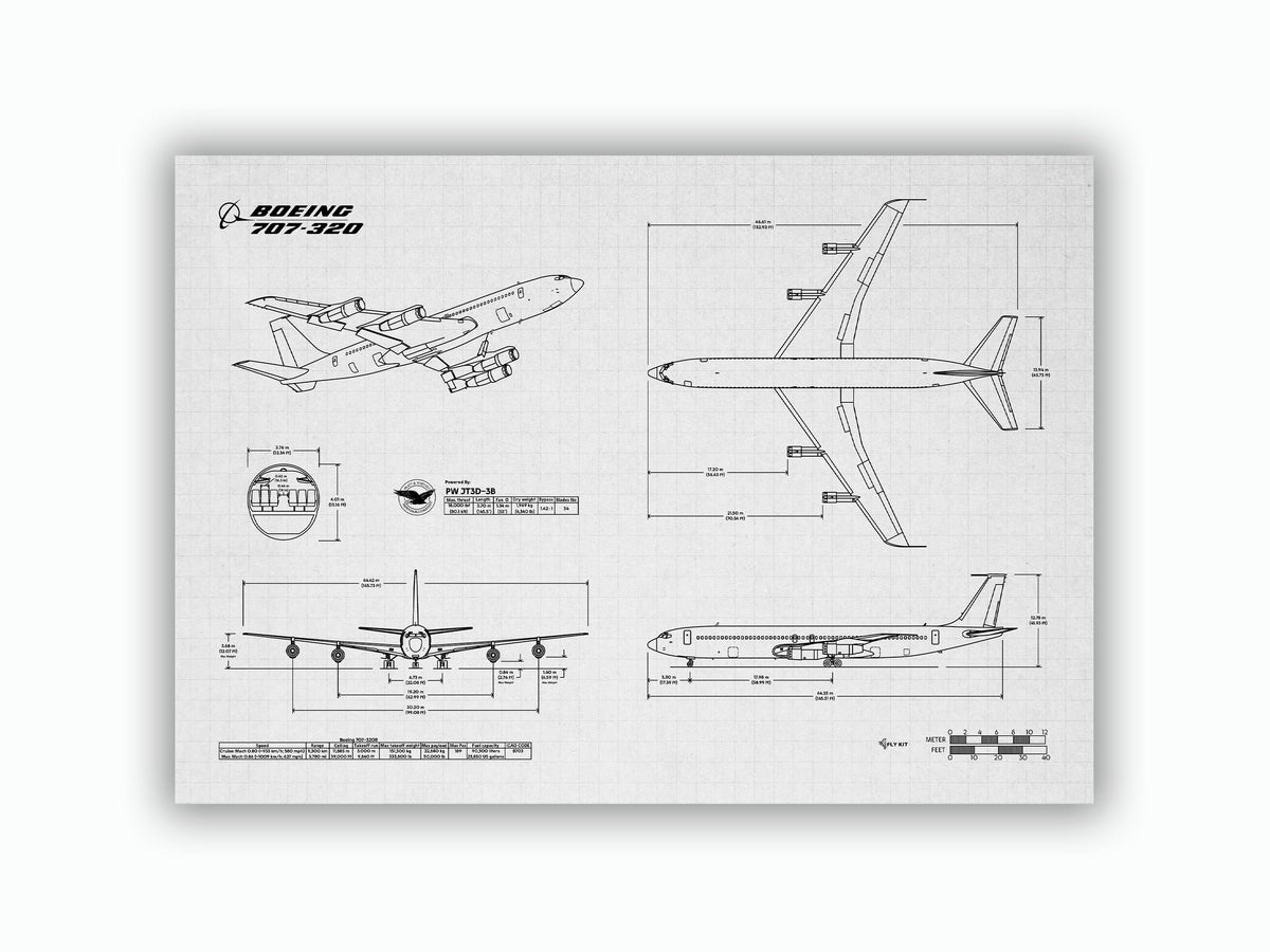Boeing B707-320 Landscape Blueprint Poster showing detailed aircraft technical drawings and measurements