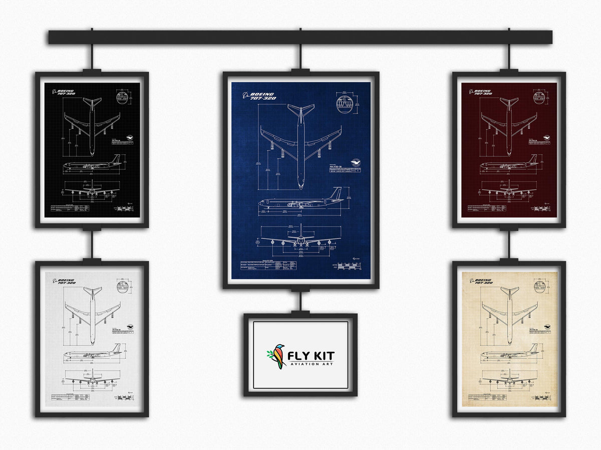 Boeing B707-320 Portrait Blueprint Poster collection by FlyKit in multiple colors and detailed schematic design