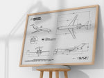 Boeing B727-200 Landscape Blueprint Poster print material by FlyKit displayed on wooden stool