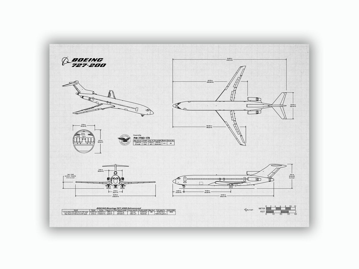 Boeing B727-200 Landscape Blueprint Poster showing detailed technical aircraft drawings by FlyKit