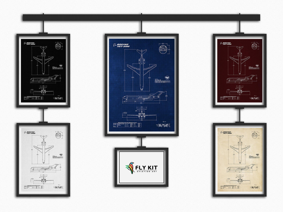 Boeing B727-200 Portrait Blueprint Poster collection by FlyKit featuring detailed aircraft design prints