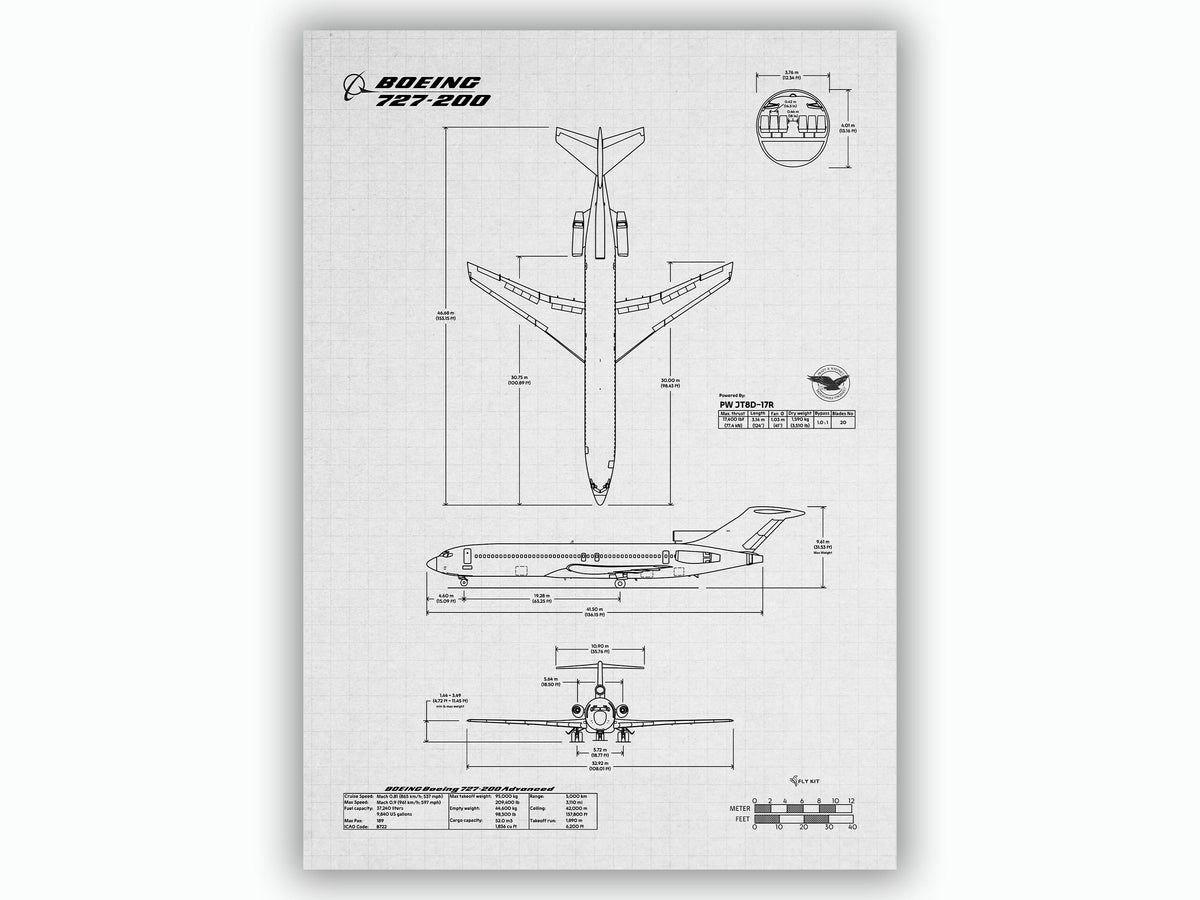 FlyKit Boeing B727-200 Portrait Blueprint Poster showing detailed technical aircraft diagrams and dimensions