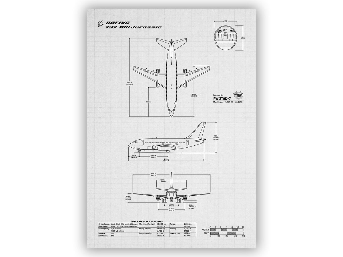 Boeing B737-100 Portrait Blueprint Poster by FlyKit showing technical aircraft design and dimensions