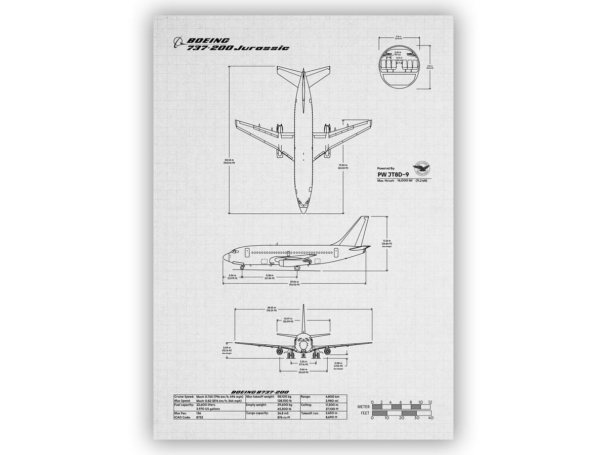 Boeing B737-200 Portrait Blueprint Poster showing detailed aircraft views and measurements by FlyKit